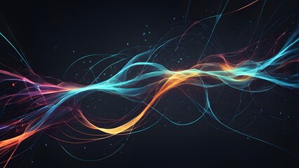 Obraz premium Abstract background with glowing teal, orange, and red wave lines and particles on a dark background.