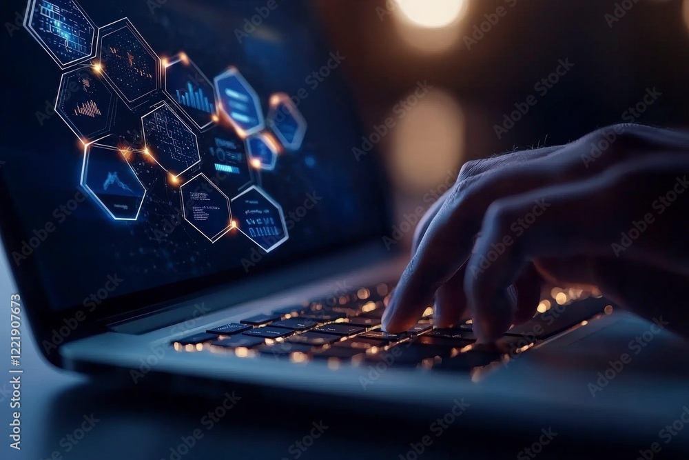 Poster futuristic laptop interface with data visualizations and hands typing in dimly lit environment