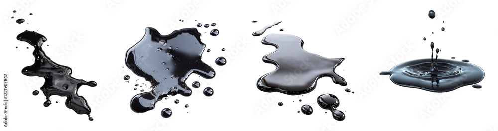 Poster The image shows four distinct dark liquid spills and splashes with varying degrees of viscosity and impact against a black background.