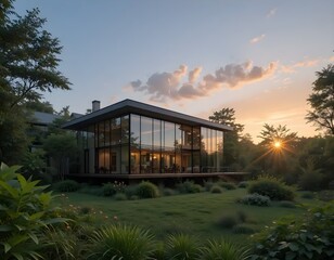 Fototapeta premium Modern glass house surrounded by lush greenery at sunset.