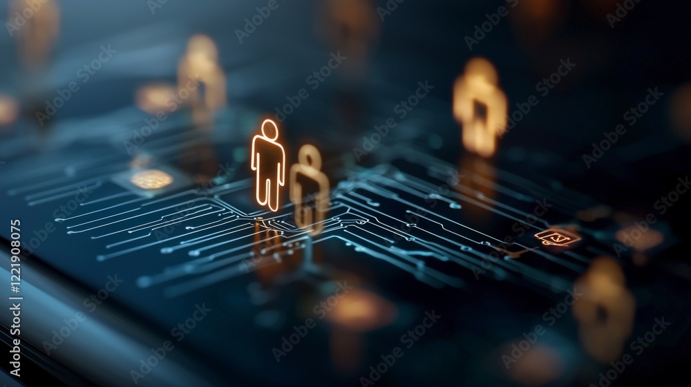 Poster abstract digital network with illuminated icons representing people and technology connections