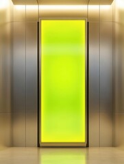 A bright yellow panel in a sleek, modern elevator setting.