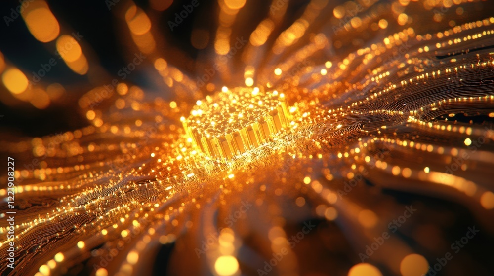 Poster a vibrant, abstract depiction of golden strands radiating from a central point, creating a visually 