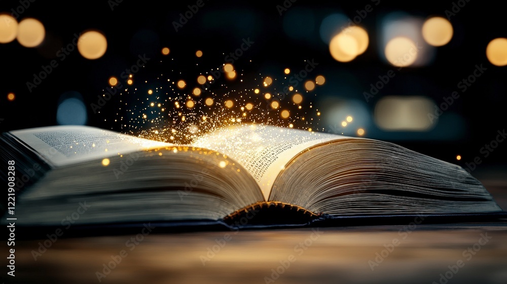 Poster enchanted open book with glowing magic particles floating in dark background with bokeh lights