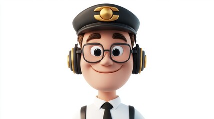 A cheerful cartoon character wearing a pilot hat and headphones, ready for a fun adventure.