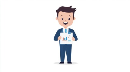 A cheerful businessman holds a report with a graph, showcasing positive data and growth, representing success and professionalism in a corporate environment.