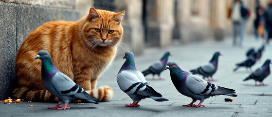 A group of stray cats on a city street chasing pigeons, with a clever red cat standing out among them. Made with generative AI