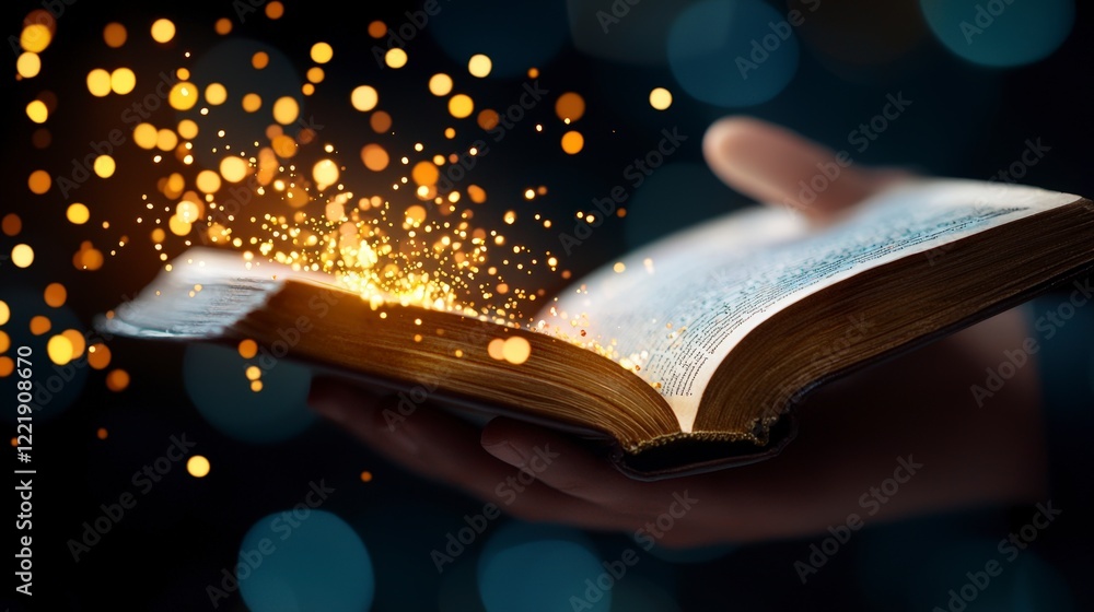 Poster enchanted open book in hand with sparkling dust on blurred background of golden lights and bokeh