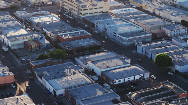 Aerial footage of the Skid Row neighborhood in the downtown of Los Angeles, California, USA