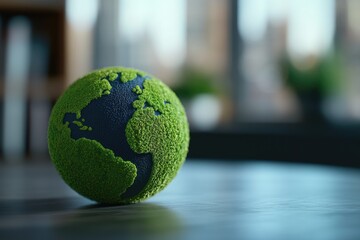 Green Earth Globe on Tabletop:  A Symbol of Environmental Conservation and Sustainability