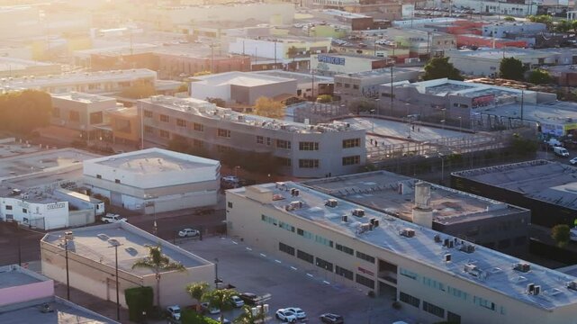 Drone footage of the Skid Row neighborhood in the downtown of Los Angeles, California, USA