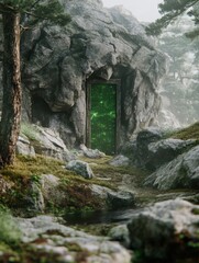 A mystical door in a rocky landscape leads to a vibrant green forest.