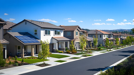 A community of energy-efficient homes featuring solar panels and green roofs, designed to be environmentally responsible and support sustainable living practices.
