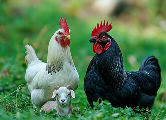 White rooster and goat on green grass, stock photo, close-upwith generative ai