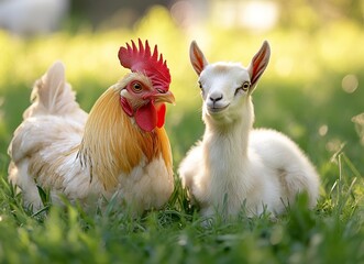 White rooster and goat on green grass, stock photo, close-upwith generative ai