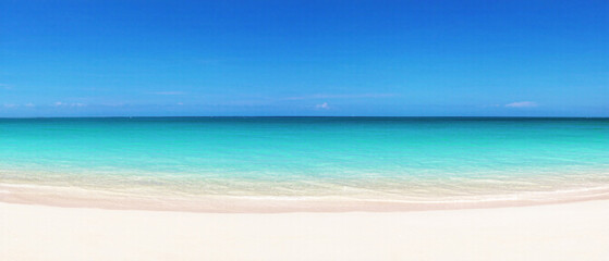 Panoramic view of a beautiful beach with white sand turquoise ocean water and a blue sky with clouds on a sunny day ideal for summer vacation themes. Made with generative AI