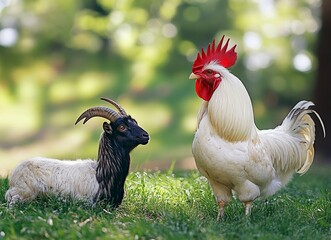 White rooster and goat on green grass, stock photo, close-upwith generative ai