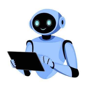blue robot holding a tablet device, smiling, on a white background. Concept of technology, robotics, AI