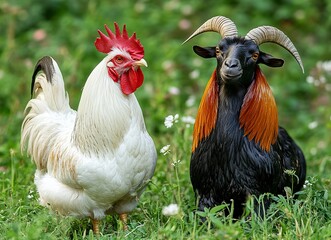 White rooster and goat on green grass, stock photo, close-upwith generative ai