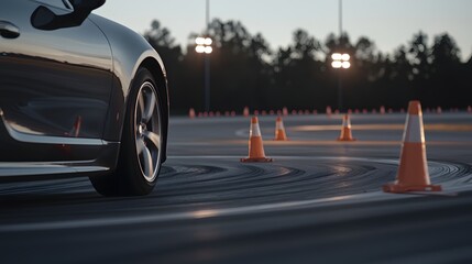 Car Navigating Sharp Curve in Outdoor Track During Sunset with Traffic Cones and Dramatic Lighting