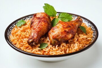 Fototapeta premium Delicious Jollof Rice with Fried Chicken Dish