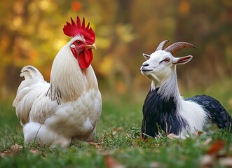 White rooster and goat on green grass, stock photo, close-upwith generative ai