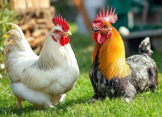 White rooster and goat on green grass, stock photo, close-upwith generative ai