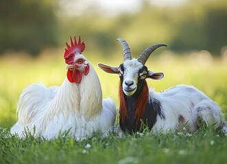 White rooster and goat on green grass, stock photo, close-upwith generative ai