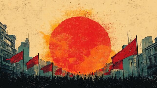 Revolutionary Scene with Red Flags and a Fiery Sun, evoking feelings of resistance and social change in an urban setting