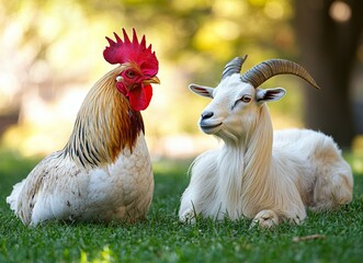 White rooster and goat on green grass, stock photo, close-upwith generative ai