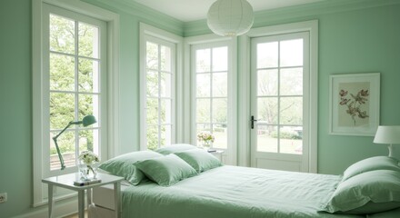 Fototapeta premium Serene mint-green bedroom with large windows and garden view