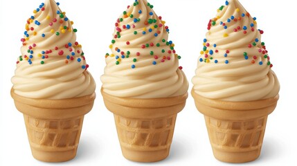 Colorful Ice Cream Cones with Sprinkles on White Background