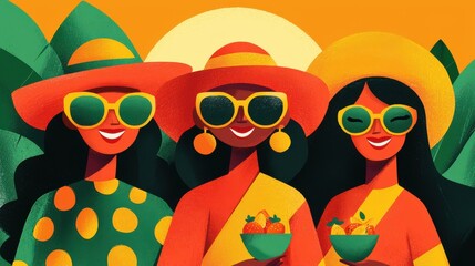 Fototapeta premium WORLD SLEEP DAY style. Colorful illustration of three women enjoying summer with fruit bowls and sunglasses.