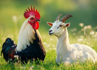 White rooster and goat on green grass, stock photo, close-upwith generative ai