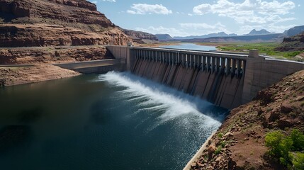 Panoramic View of Dam with Cascading Water and Scenic Landscape Under Clear Blue Sky