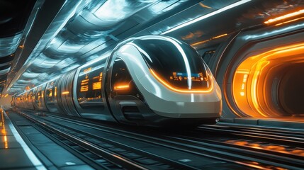 Futuristic High-Speed Train in a Neon-Lit Tunnel