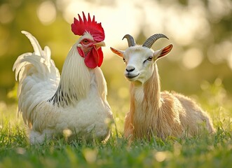 White rooster and goat on green grass, stock photo, close-upwith generative ai