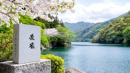Springtime lake view with cherry blossoms and stone monument