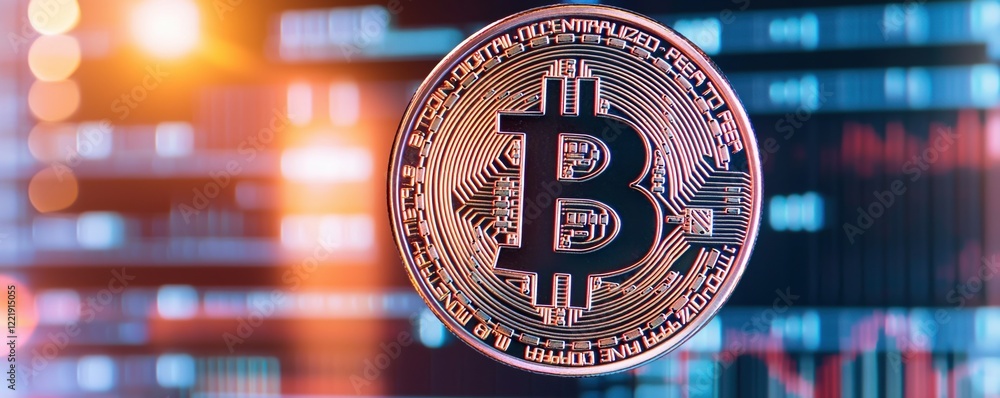 Poster cryptocurrency concepts. bitcoin coin against a digital finance background with charts and data.