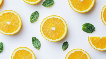 Fototapeta premium Fresh Juicy Oranges with Mint Leaves on White Background