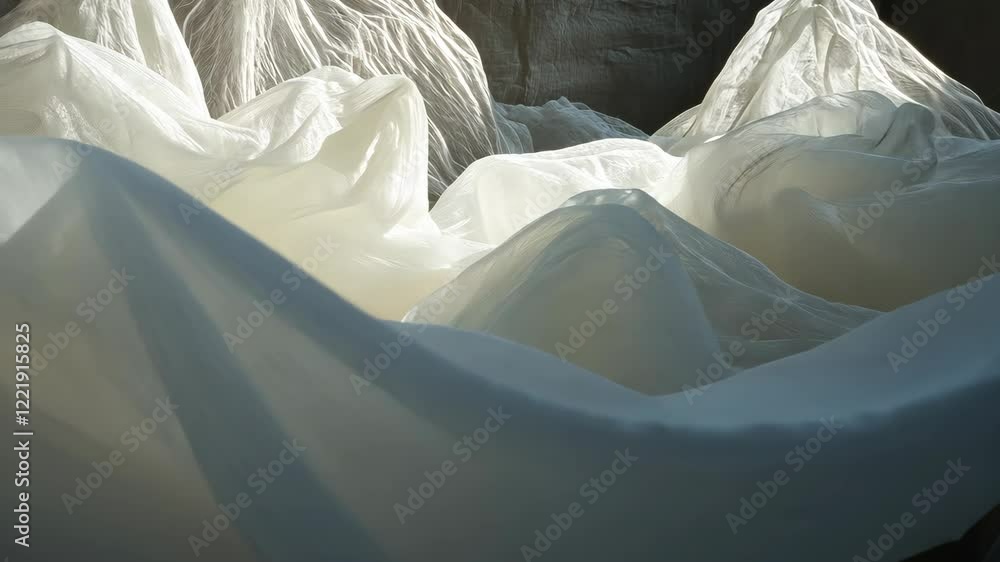 Poster Ethereal fabric waves undulating in soft light create a dreamlike landscape in an indoor setting