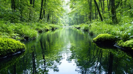 Obraz premium Serene forest stream, lush greenery, tranquil nature, peaceful scene, ideal for relaxation or travel brochures