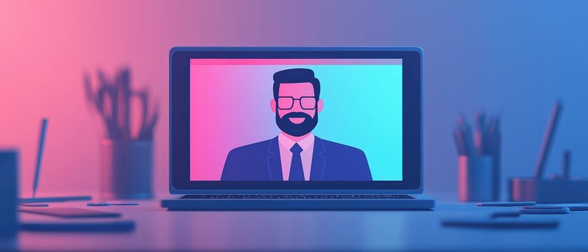 Online Courses Concepts. Digital portrait of a professional man on a laptop screen. - Powered by Adobe