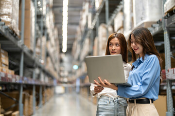 Female engineers team discussing inventory in warehouse logistics and supply chain planning, operation management, data analysis, warehouse shipping, inventory tracking, optimization and technology