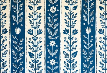 垂直ストライプ付きリノカットプリント、ペールブルーと白、花柄ボーダーデザイン、ボヘミアン美学、シームレスパターン、ブロックプリントイラストレーション、葉と花、テキスタイルモチーフ。


