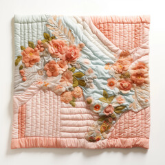 Peach  Aqua Floral Quilt Handcrafted Patchwork Textile Art