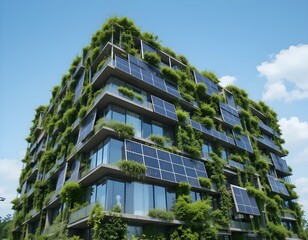 A high-tech building with solar panels and greenery on its facade