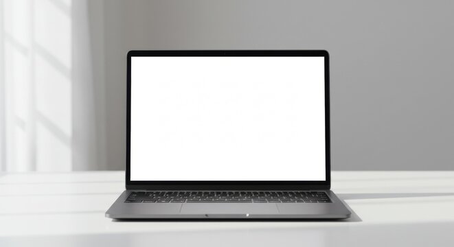 A crisp photo of a modern laptop placed on a white desk featuring a blank screen for easy customization and design