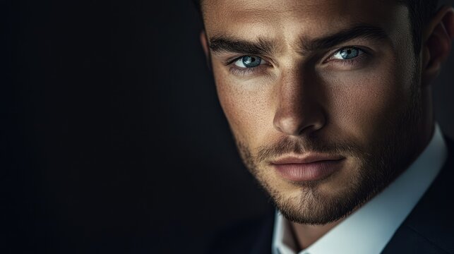 A close-up portrait of a man with a confident expression, wearing a tailored suit and gazing directly at the camera