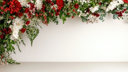 Fototapeta premium Elegant floral garland with red and white flowers hanging on a white wall above a clean surface with copy space.